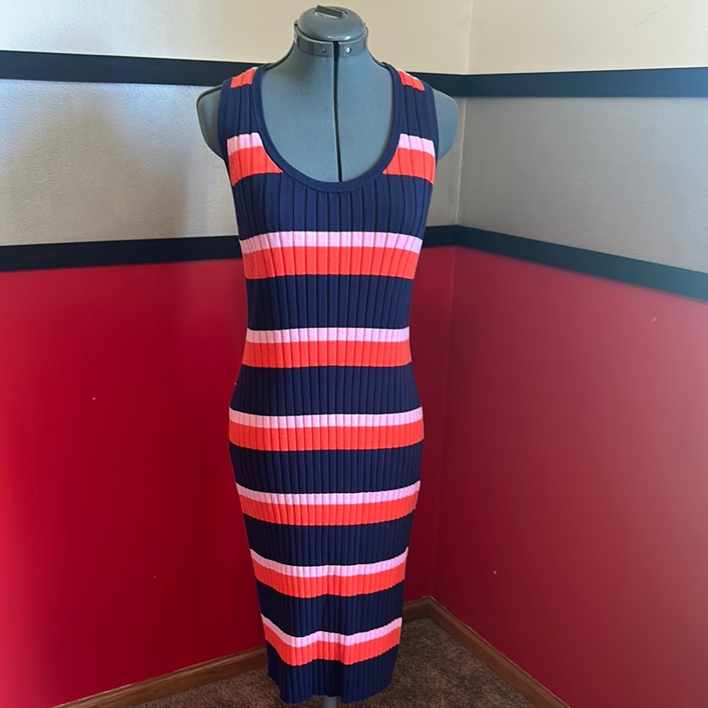 Trina Turk Striped Sleeveless Midi Dress in Navy and Coral